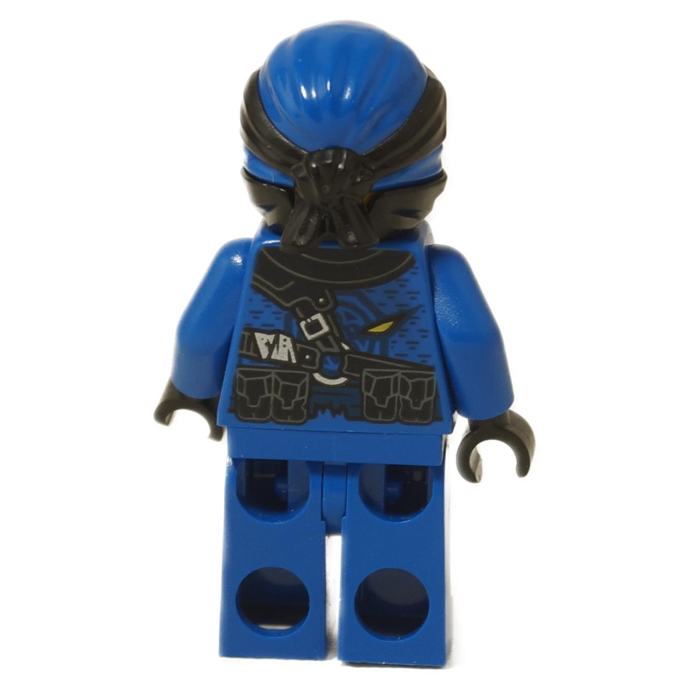 A LEGO® NINJAGO Jay minifigura (njo0509) hátulnézete, részletes öv- és fegyverheveder nyomtatással.