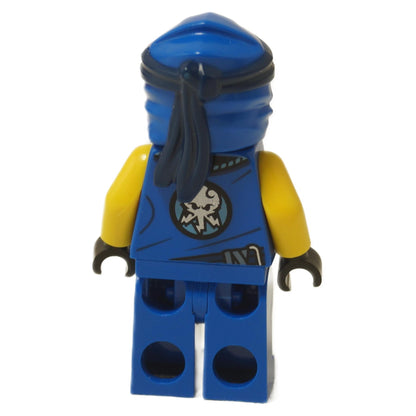Back view of LEGO® NINJAGO Jay Minifigure (njo0688) with blue ninja hood and printed emblem on torso.