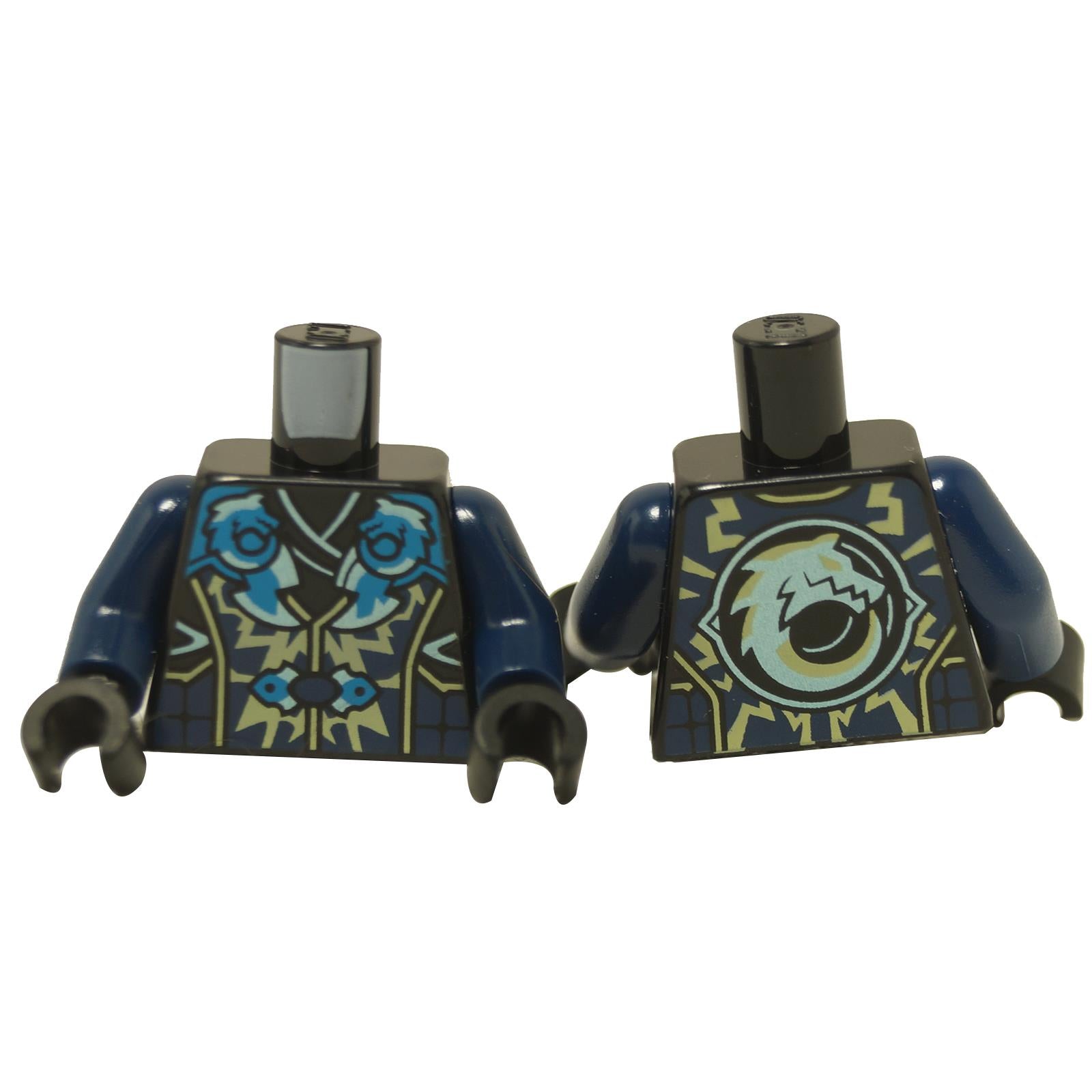 LEGO® NINJAGO Jay -minihahmon torso, jossa on tunika, ristikkäiset miekat ja salama-aihe, painettu muotoilu edessä ja takana
