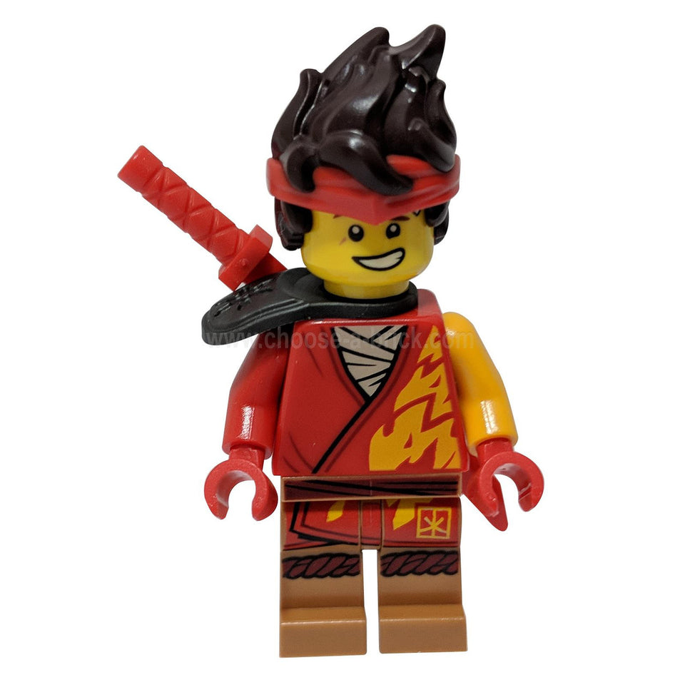 LEGO Ninjago Kai minifigure njo739 in his red EVO suit, featuring a large pearl dark gray shoulder guard, front view with katana