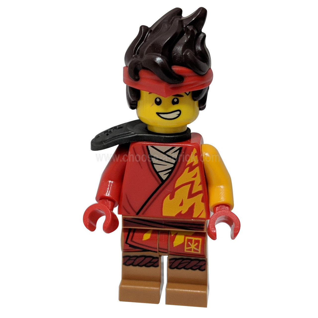LEGO Ninjago Kai minifigure njo739 in his red EVO suit, featuring a large pearl dark gray shoulder guard, front view.