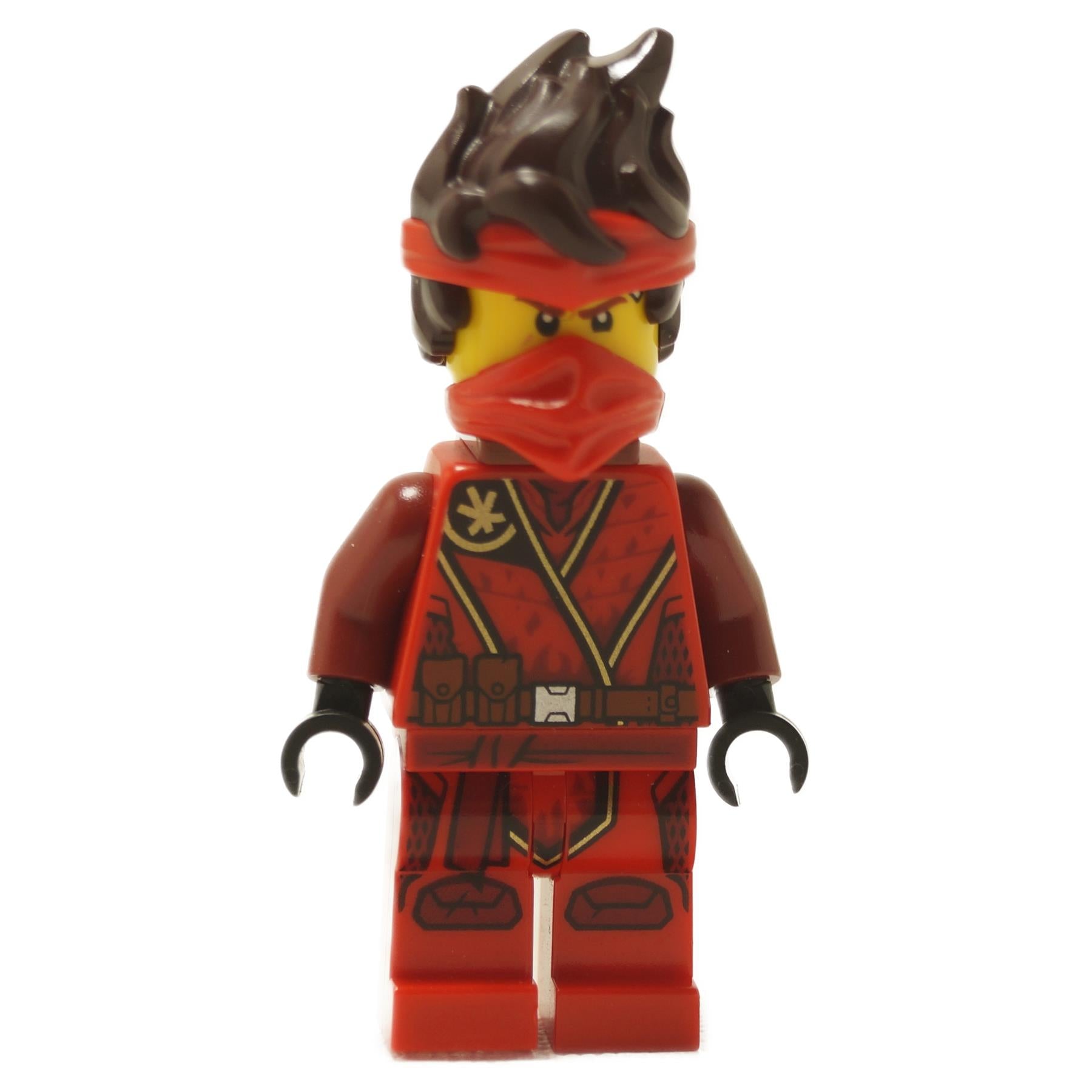 LEGO Ninjago Kai minifigure in his red Island outfit, featuring a dark brown spiky hairpiece, red bandana, and face covering.