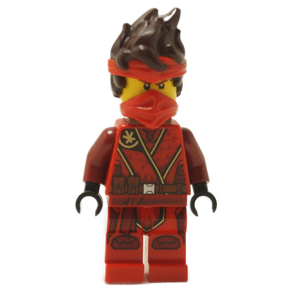 LEGO Ninjago Kai minifigure in his red Island outfit, featuring a dark brown spiky hairpiece, red bandana, and face covering.