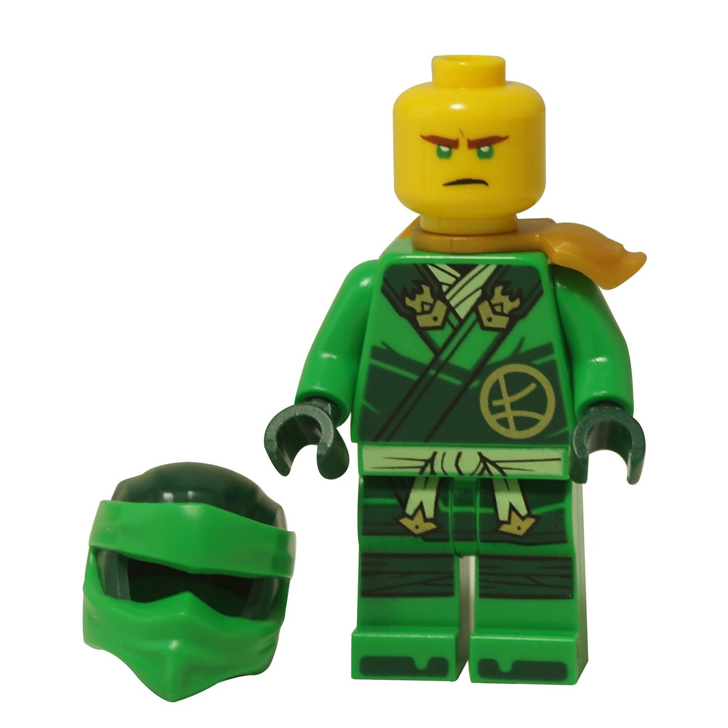 LEGO® NINJAGO Lloyd minifigure njo0929 from Dragons Rising with green ninja suit, golden shoulder armor, and angry face.