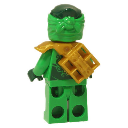 Back view of LEGO® NINJAGO Lloyd minifigure njo0929 featuring green ninja suit, golden shoulder armor, and weapon holder.