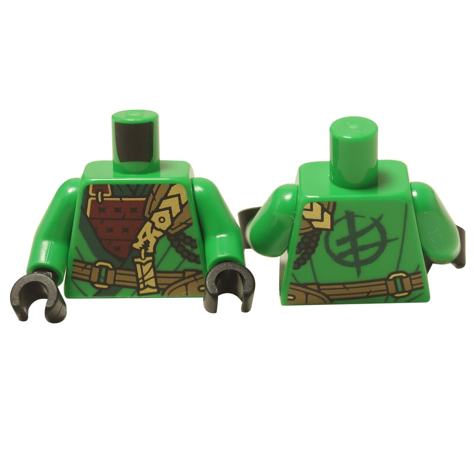 LEGO® Torso de minifigura Lloyd Legacy de NINJAGO con impresión de túnica de ninja verde, detalles de cinturón y correa, vista frontal y trasera
