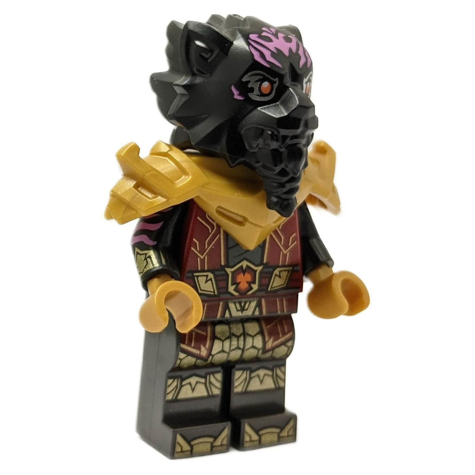 Lord Ras njo0812 minifigure with black wolf head and gold shoulder armor.