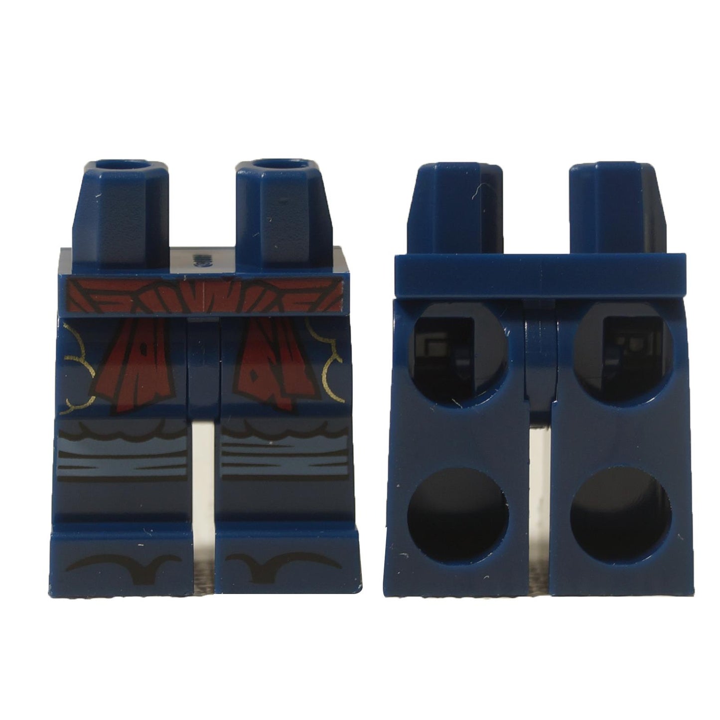 LEGO® Ninjago Master Wu legs (970c00pb1728), dark blue with printed sash and wrappings, showing front and back views.