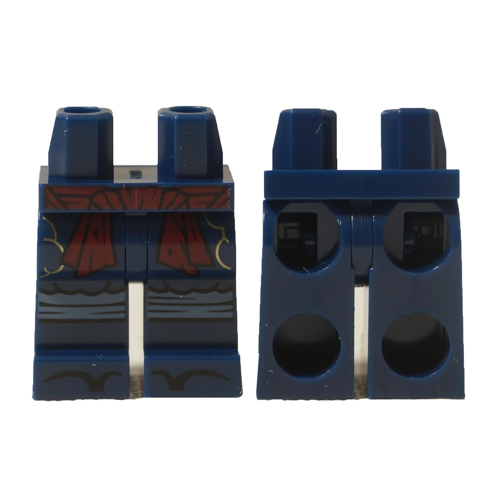LEGO® Ninjago Master Wu legs (970c00pb1728), dark blue with printed sash and wrappings, showing front and back views.