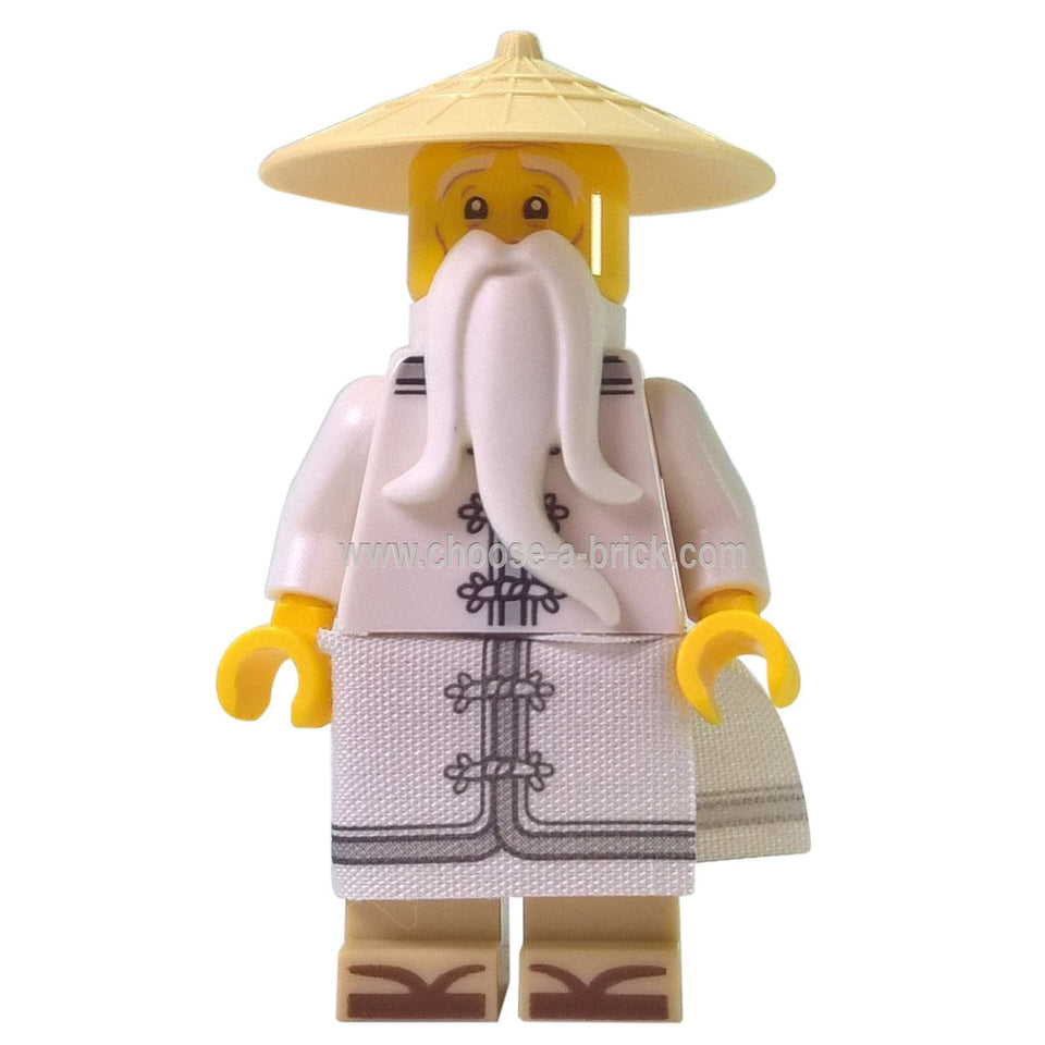 Minifigurka Master Wu (njo0315) z filmu LEGO Ninjago z białą brodą, nadrukowanymi szatami i stożkowym kapeluszem.