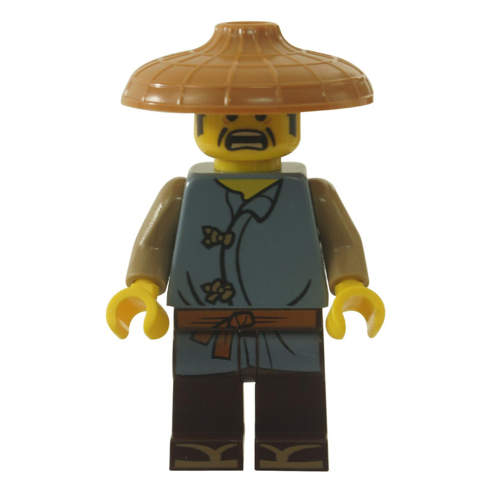 LEGO Ray njo0411 minifigure with a tan conical hat and blue tunic.