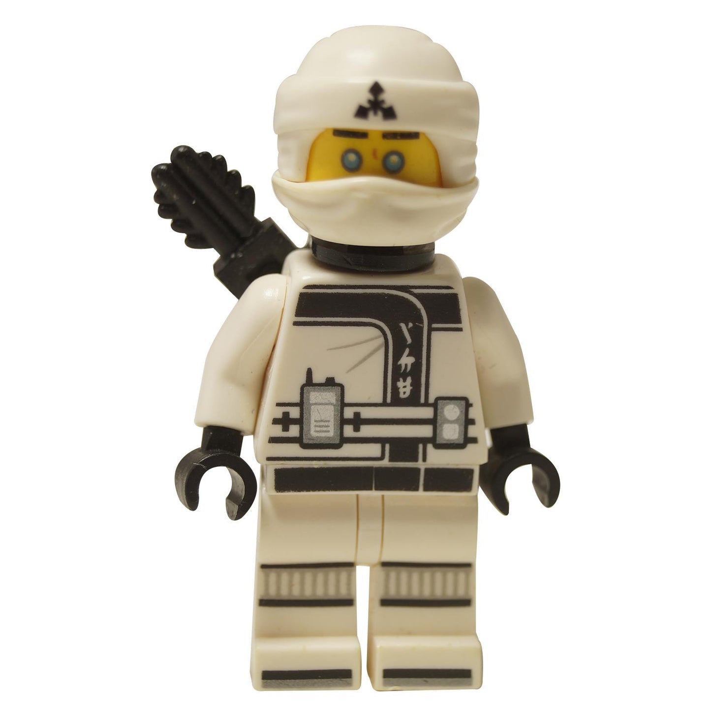  LEGO® Ninjago Movie Zane minifigure (njo0318) in his white ninja gi, featuring a tech-style print, white head wrap, and a black quiver on his back.