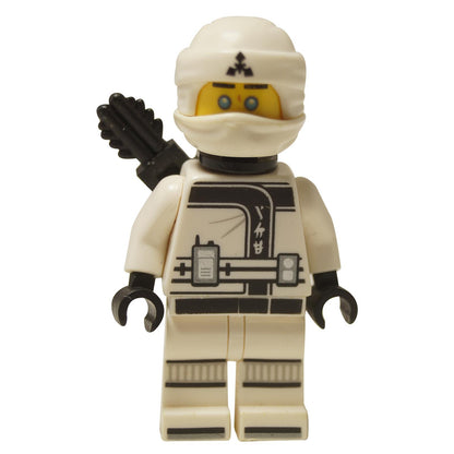  LEGO® Ninjago Movie Zane minifigure (njo0318) in his white ninja gi, featuring a tech-style print, white head wrap, and a black quiver on his back.