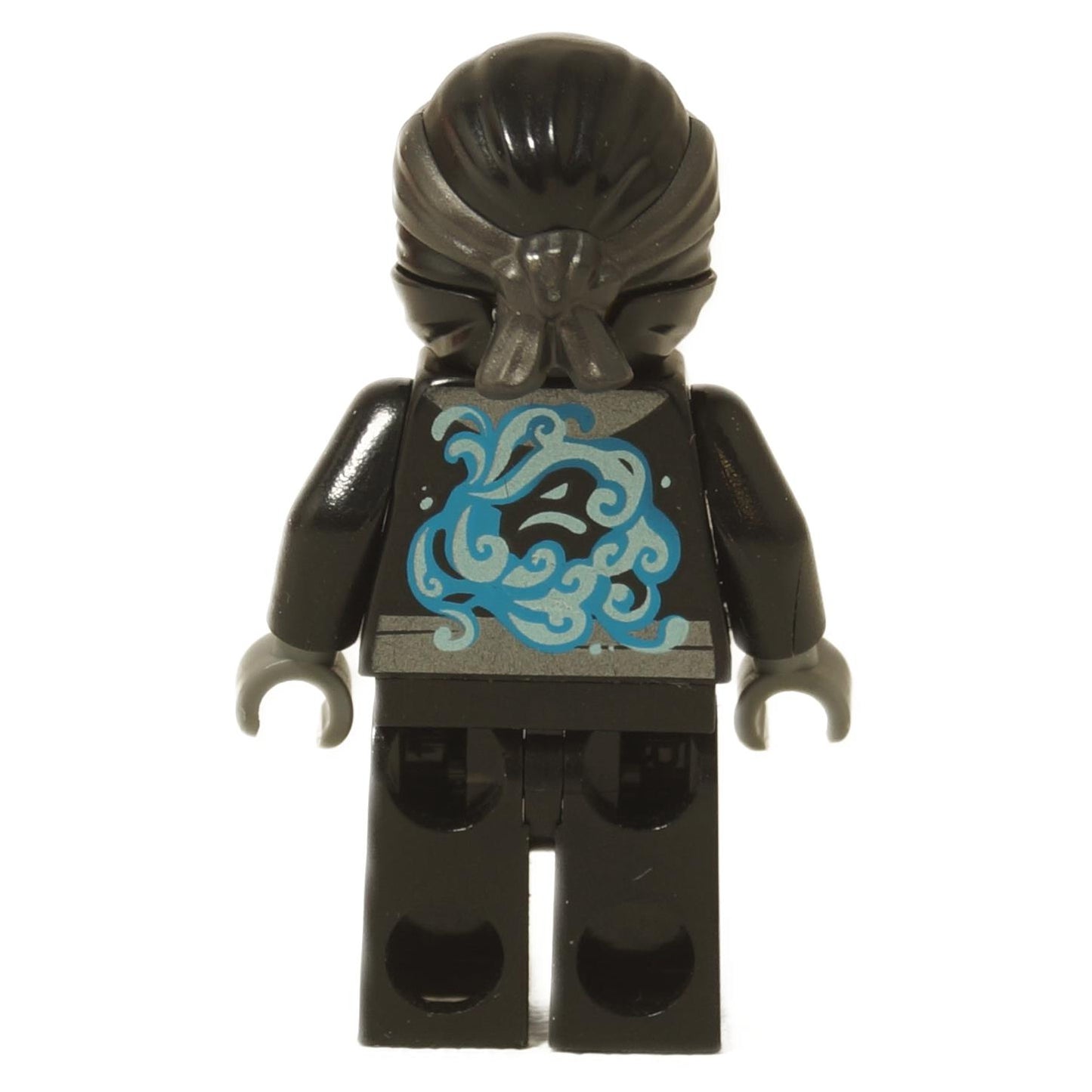 Back view of LEGO® NINJAGO Nya Minifigure (njo0404) featuring blue water swirl back print on black torso.