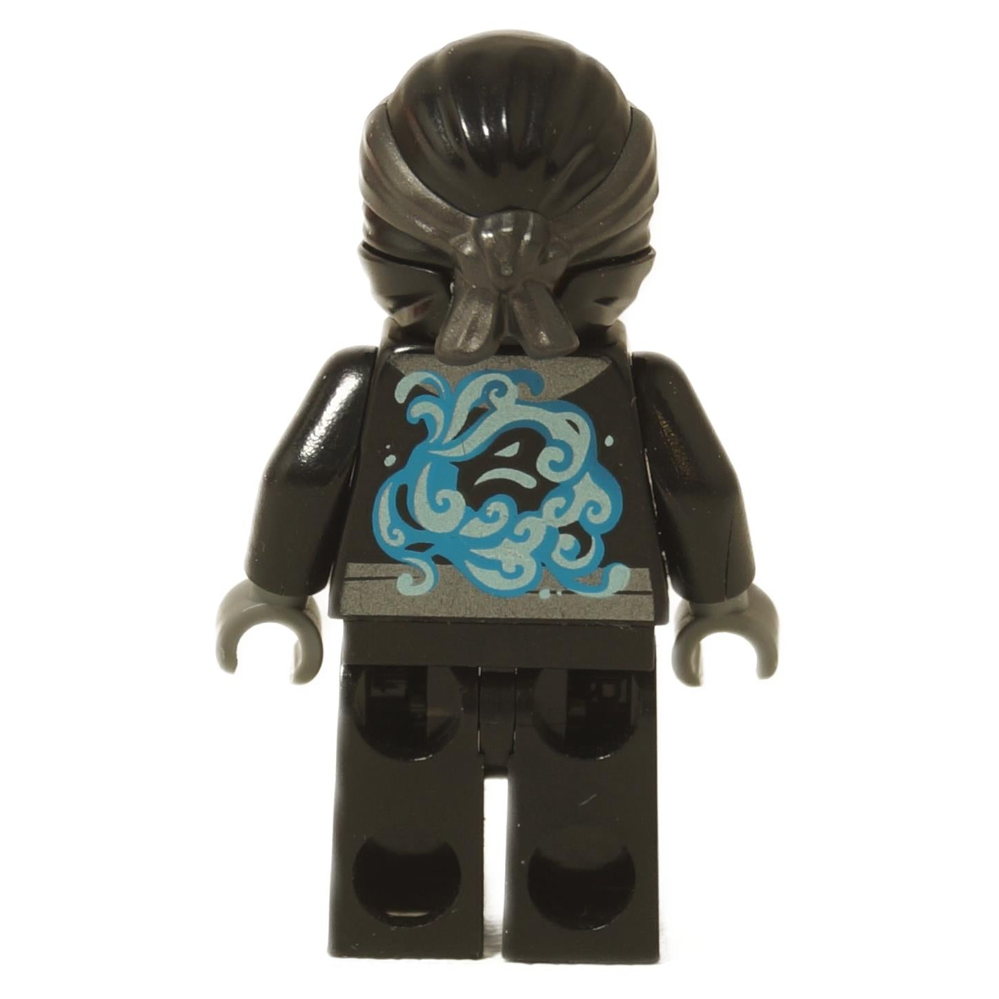 Back view of LEGO® NINJAGO Nya Minifigure (njo0404) featuring blue water swirl back print on black torso.