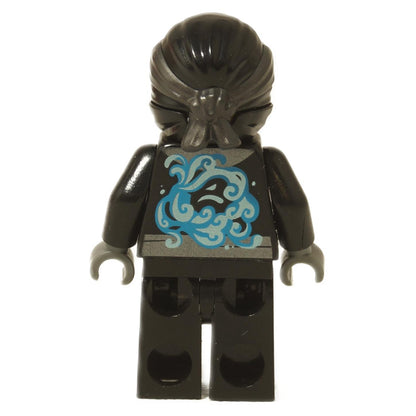 Back view of LEGO® NINJAGO Nya Minifigure (njo0404) featuring blue water swirl back print on black torso.