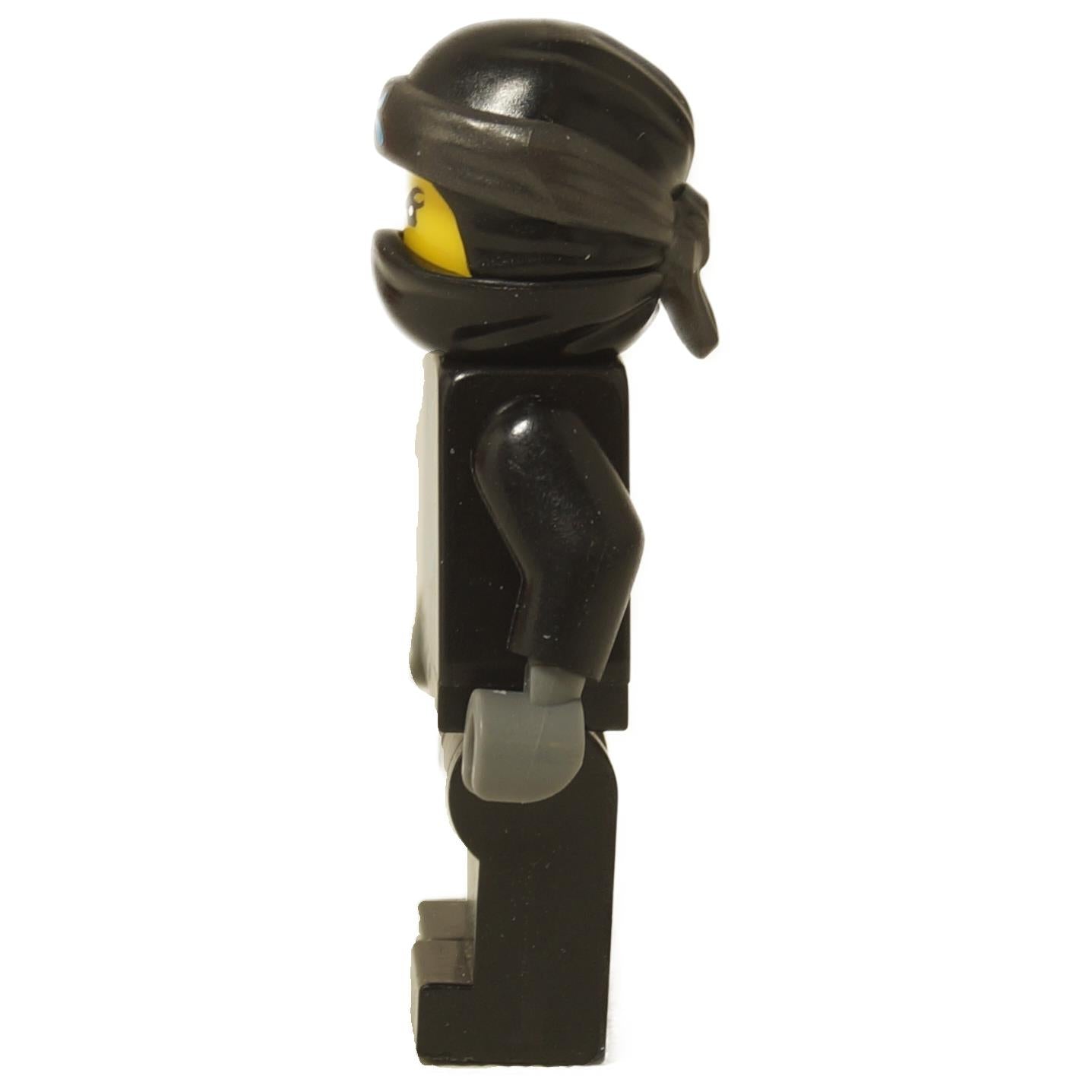 Side view of LEGO® NINJAGO Nya Minifigure (njo0404) showing black ninja outfit and grey hands.
