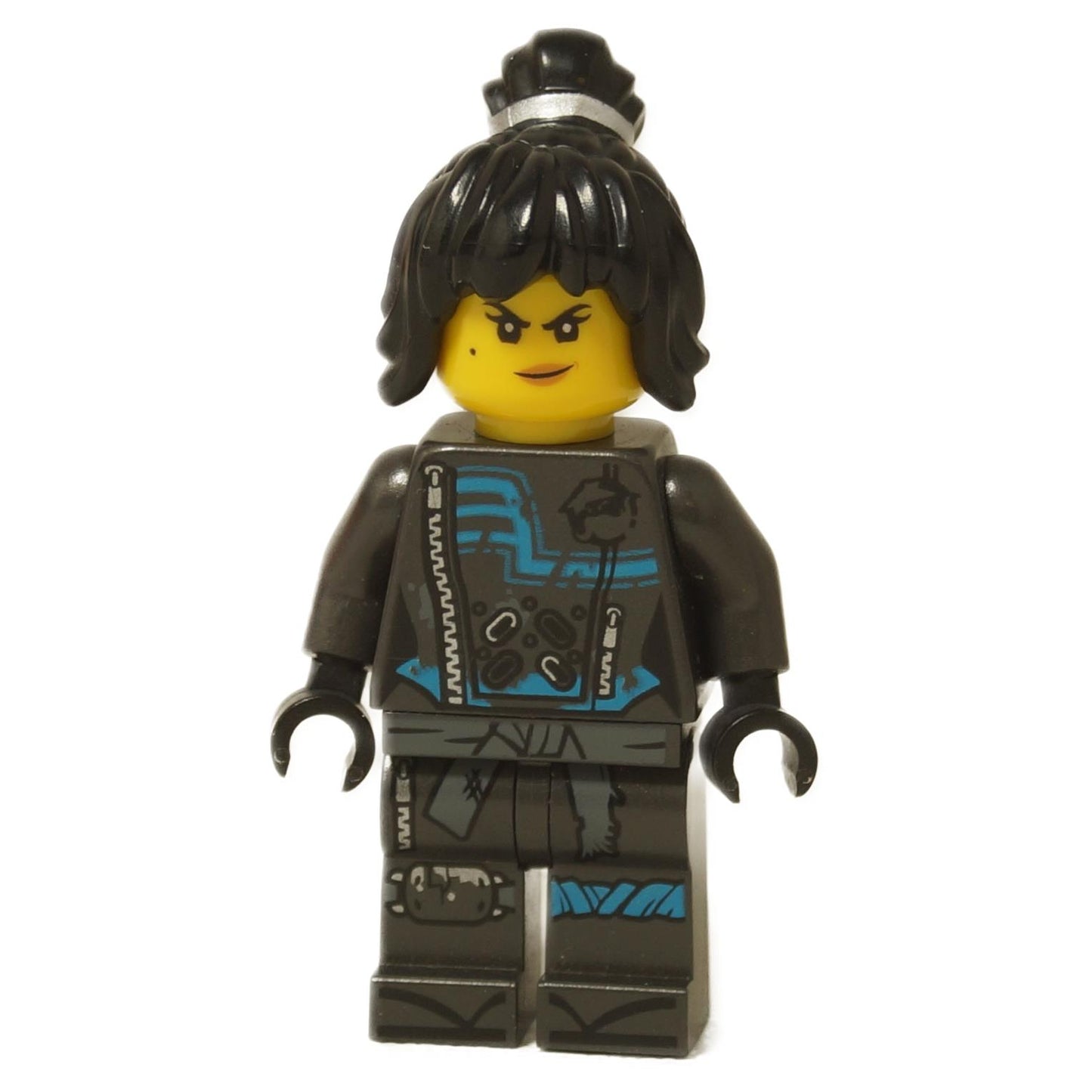 LEGO Ninjago Nya minifigure (njo0482) in her dark grey "Hunted" gi, featuring stitched blue details and her signature top-knot hairpiece with a silver band.