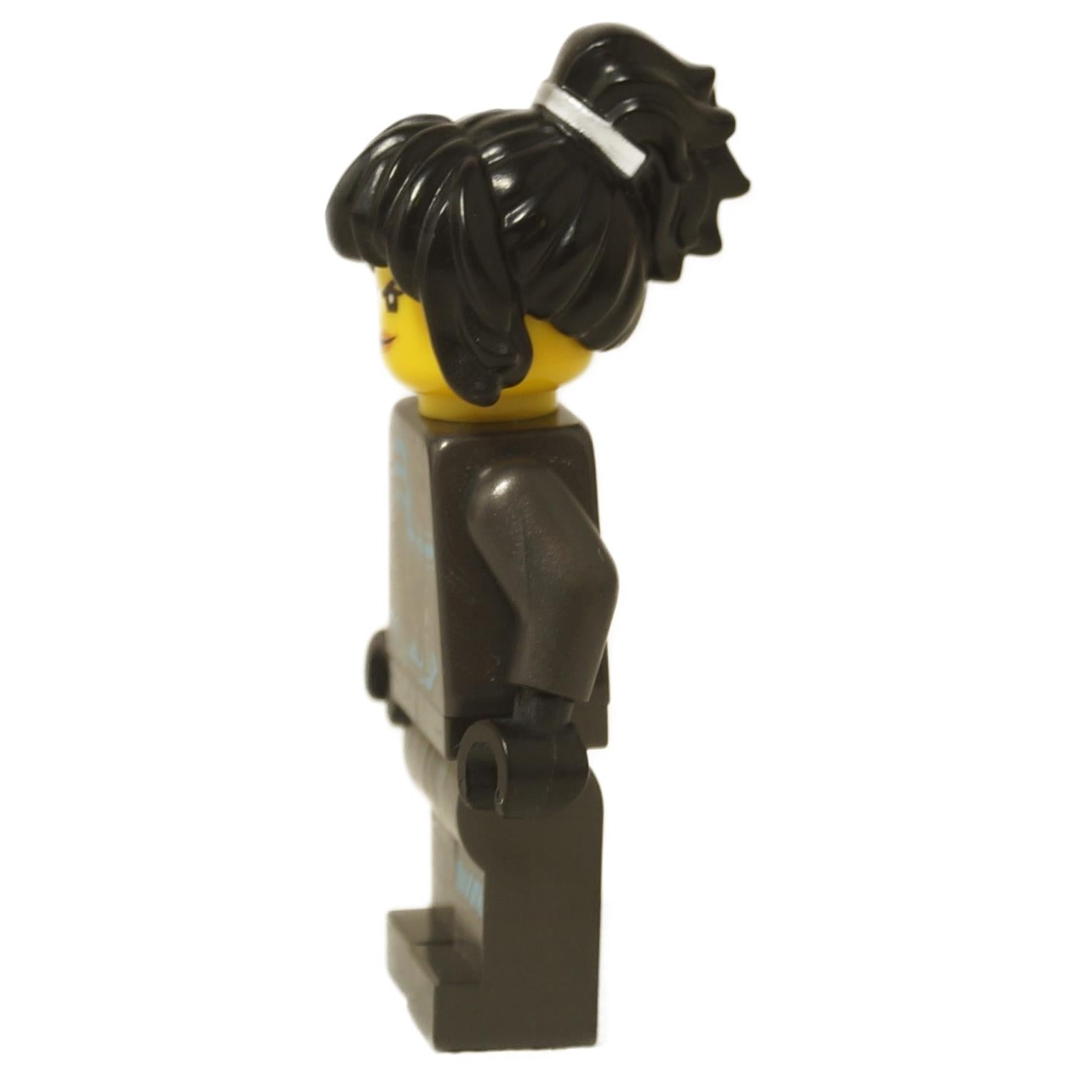 Side view of LEGO® NINJAGO Nya Minifigure (njo0482) showing dark outfit and ponytail hairpiece.