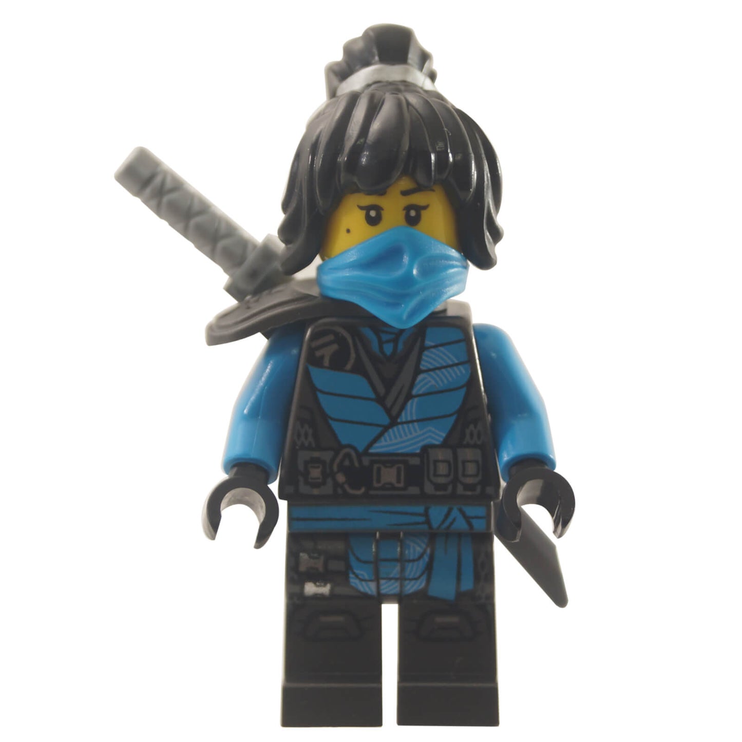 LEGO® Ninjago Nya minifigure njo0683 from The Island, wearing blue ninja suit, mask and hair combo, with shoulder armor, sword and weapon.
