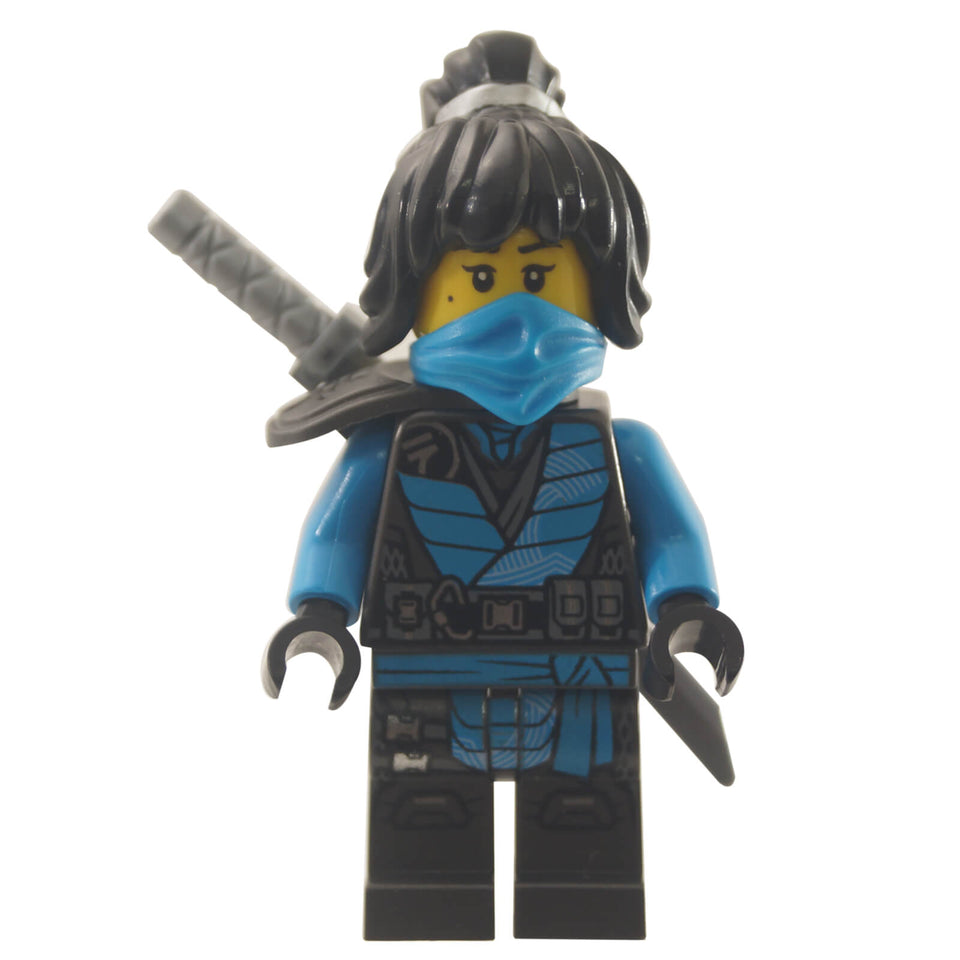 LEGO® Ninjago Nya minifigure njo0683 from The Island, wearing blue ninja suit, mask and hair combo, with shoulder armor, sword and weapon.