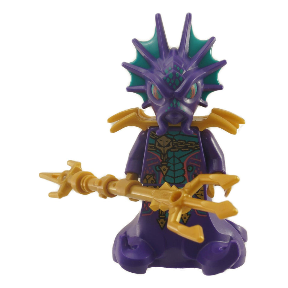 Ninjago Prince Kalmaar minifigure (njo697) from the Seabound season, featuring his unique headpiece, armor, and holding his trident