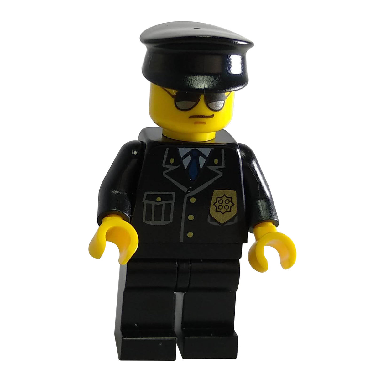 LEGO® NINJAGO Prison Guard njo0234 minifigure with black police cap, sunglasses, black uniform with gold badge and blue tie