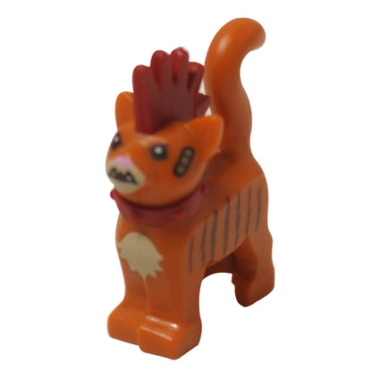 LEGO® Ninjago Scarfield the Cat figure (39742pb01) with dark red mohawk and printed stripes, side view.