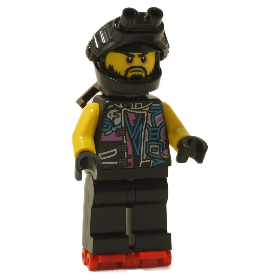 LEGO Ninjago Scooter minifigure (njo0431) with yellow arms, black gear, and a detailed torso print.