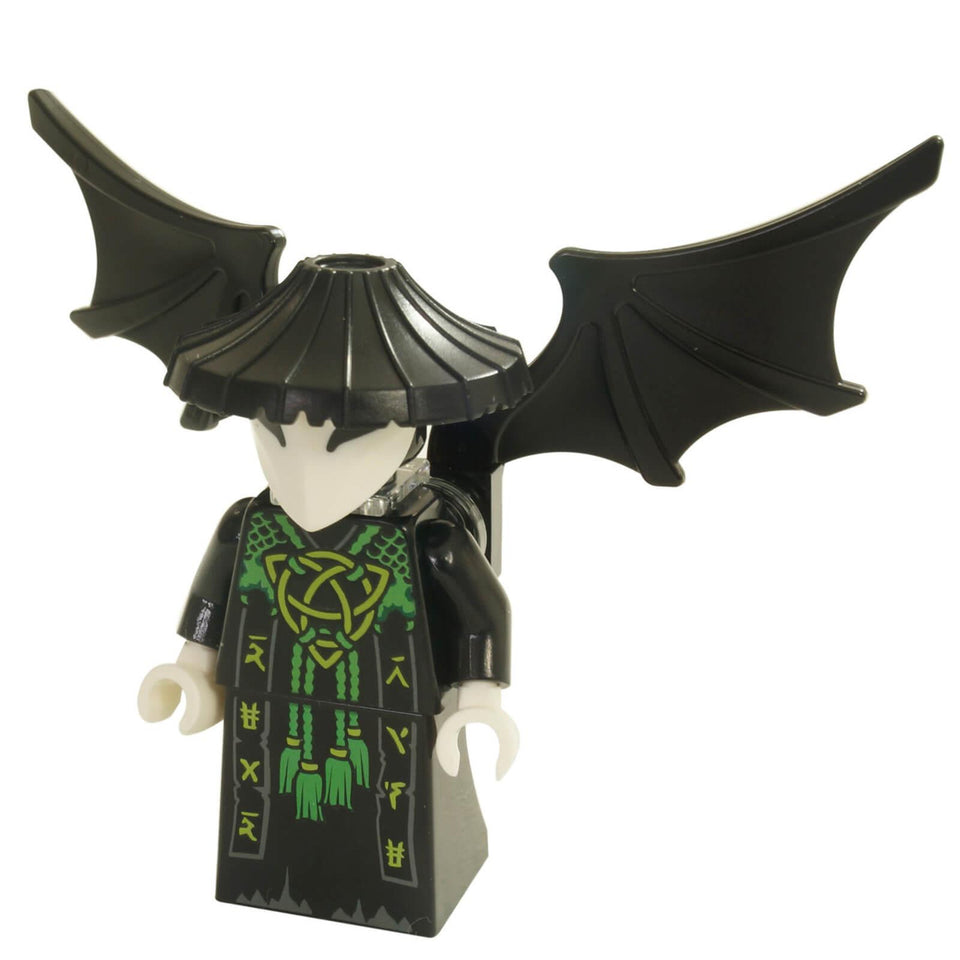 Skull Sorcerer njo0607 minifigure with black bat wings and conical hat.