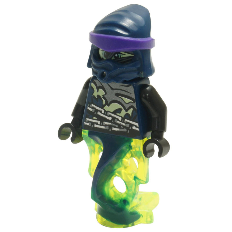 LEGO® Ghost Chain Master Wrayth minifigure with dark hood, ghostly translucent green lower body, and purple headband