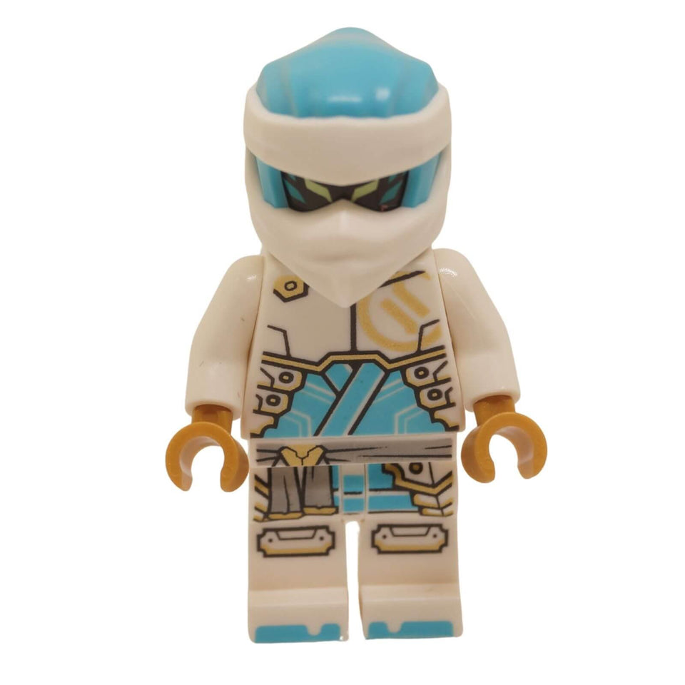 LEGO® NINJAGO Zane minifigur i Dragons Rising-outfit med vit tunika, stora rustningsplattor och huvudduk, framifrån