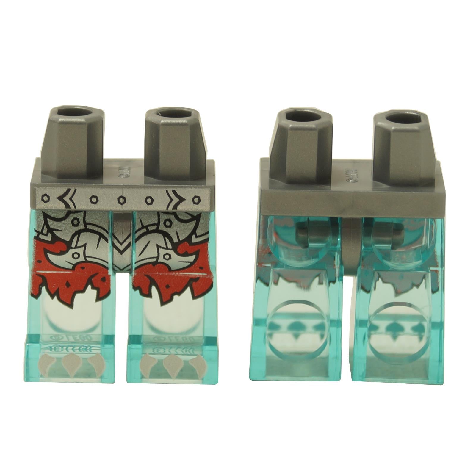 LEGO® NINJAGO Zane minifigure legs in transparent blue with printed armor plating and tattered shorts, front and back view
