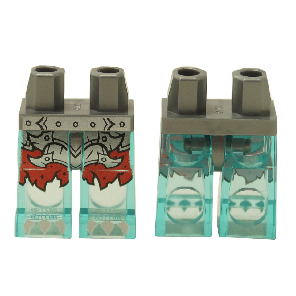 LEGO® NINJAGO Zane minifigure legs in transparent blue with printed armor plating and tattered shorts, front and back view
