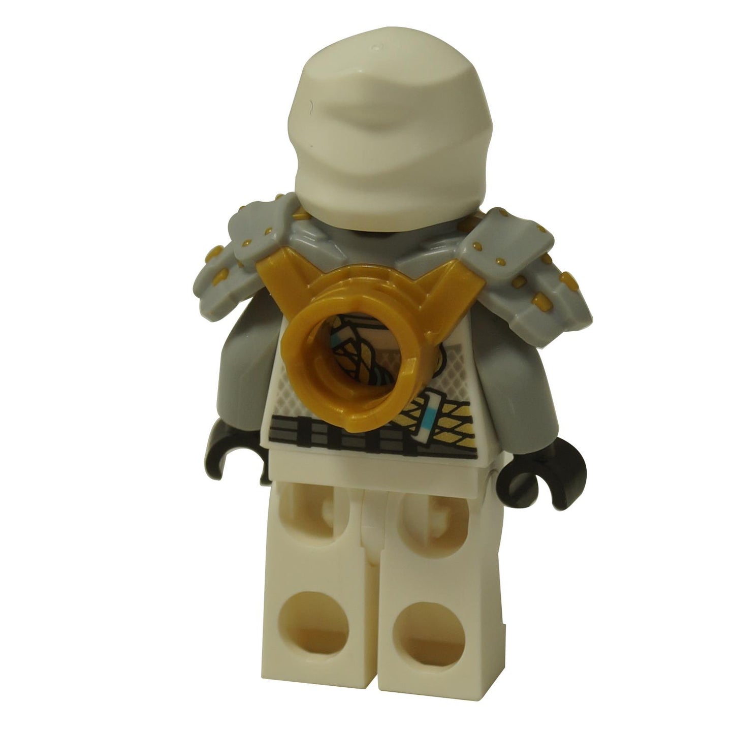 Vista traseira de LEGO® NINJAGO Zane Minifigura (njo0875) com armadura detalhada e anel de escalada dourado.