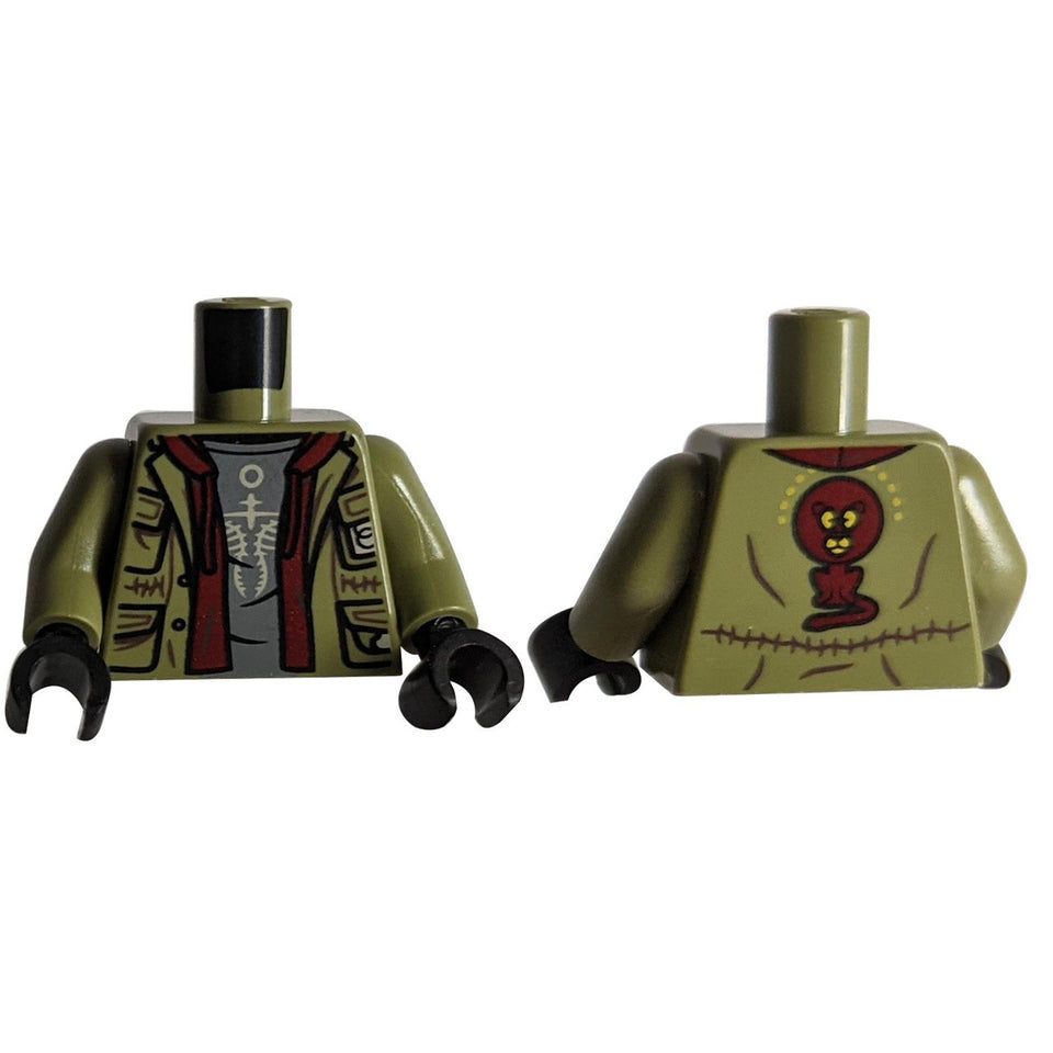 LEGO® Torso (973pb4723c01) dalam hijau zaitun, menunjukkan bahagian depan jaket di atas baju bercetak rangka dan grafik singa merah di belakang.