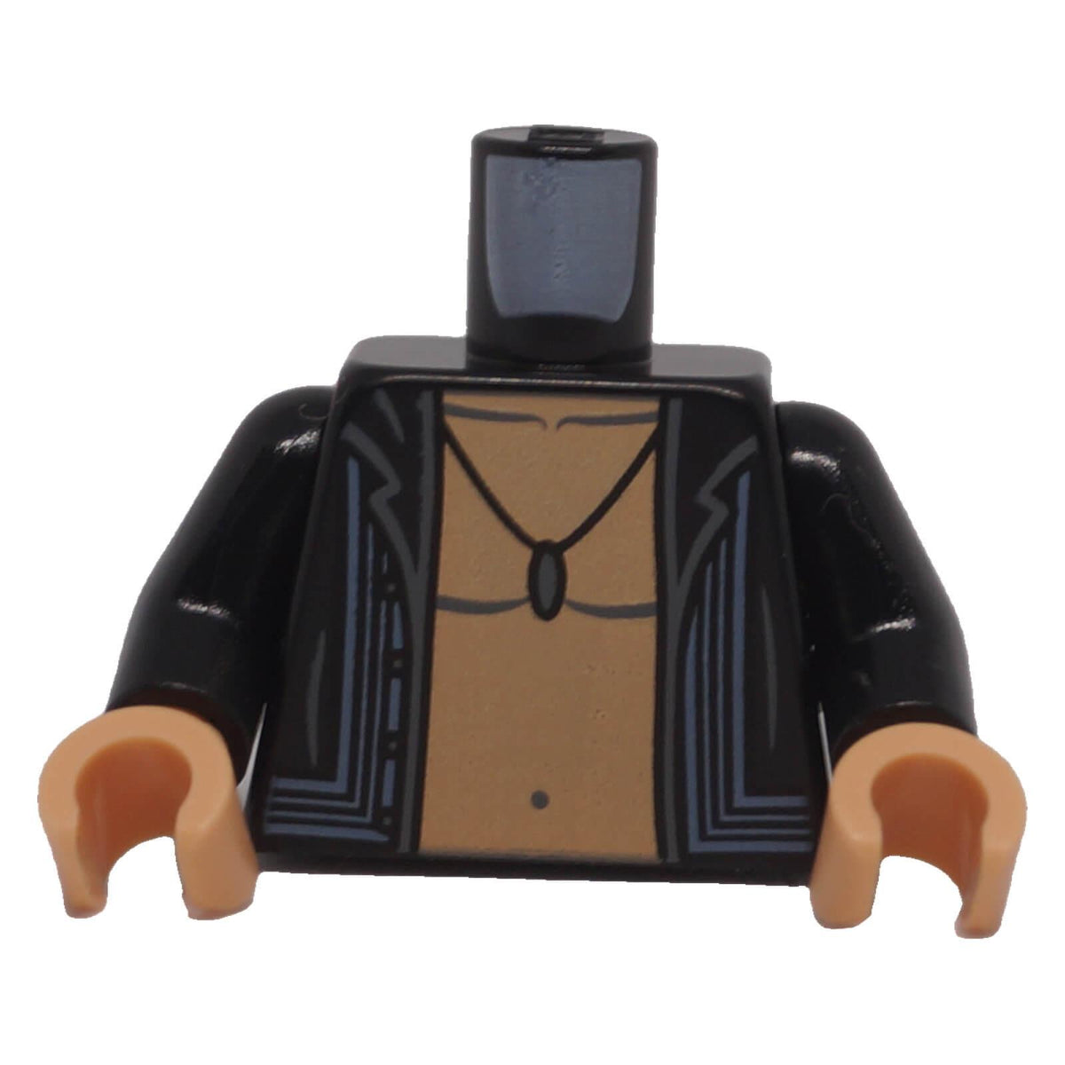 LEGO open black shirt torso 973pb6119c01 with medium tan bare chest, sand blue detailing and pendant necklace front view