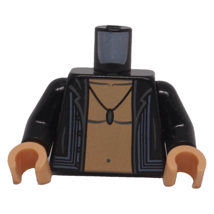 LEGO open black shirt torso 973pb6119c01 with medium tan bare chest, sand blue detailing and pendant necklace front view