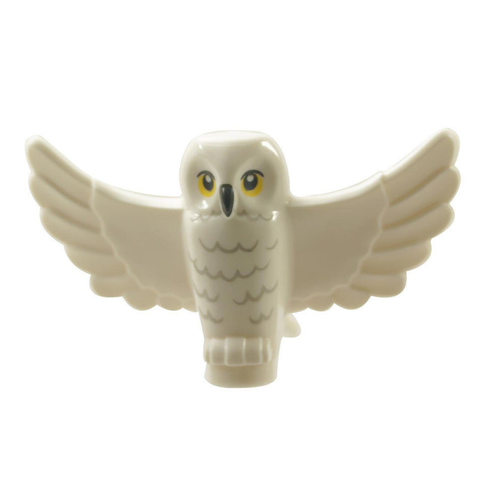 LEGO® Harry Potter Hedwig owl – flying version with spread wings, yellow eyes, and detailed gray chest feathers (part 67632pb01)