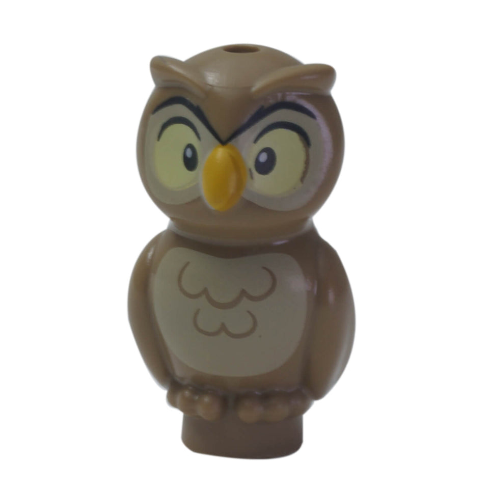 LEGO owl figure friends style dark tan with tan chest print and orange beak
