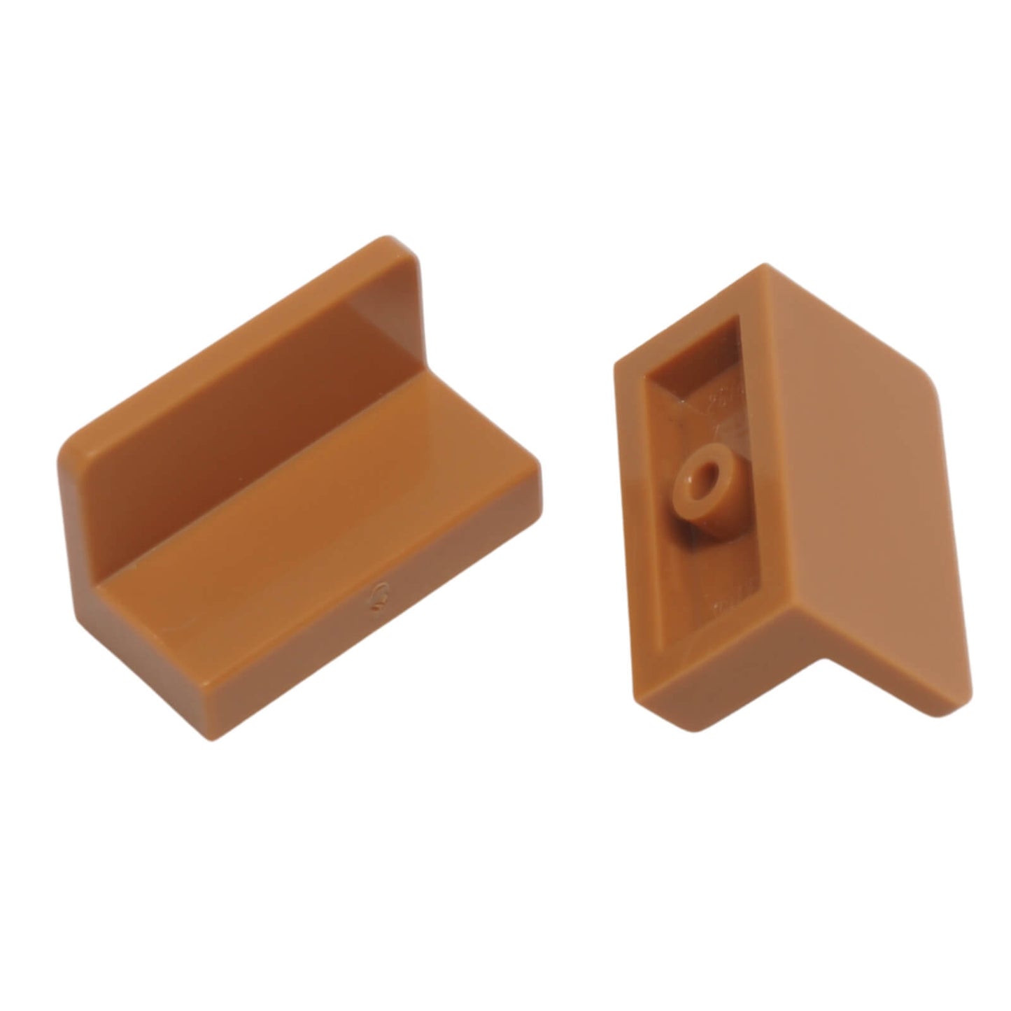 LEGO® Panel 1 x 2 x 1 with rounded corners (4865b) in medium nougat, featuring a smooth curved edge and open back.
