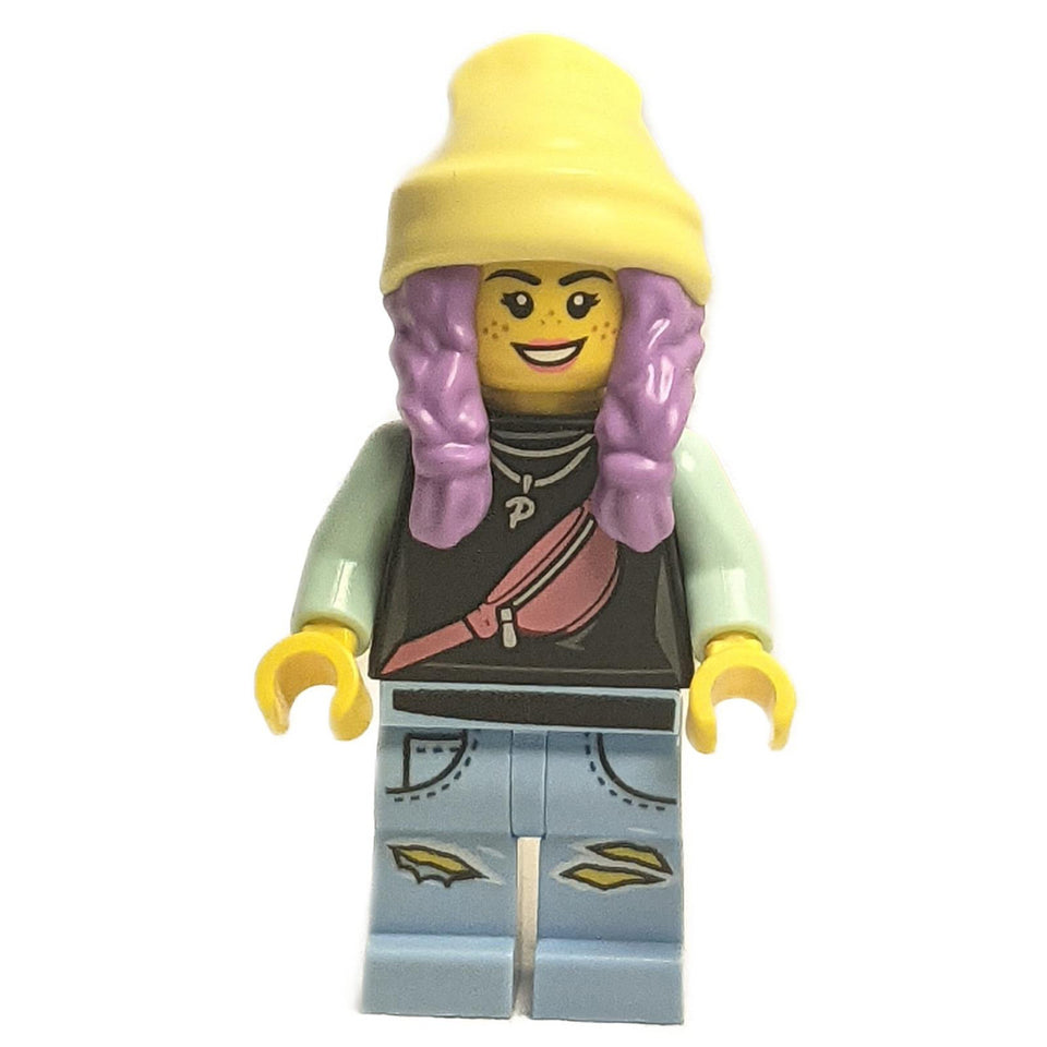 Parker L. Jackson hs019 minifigure with yellow beanie and purple braids.