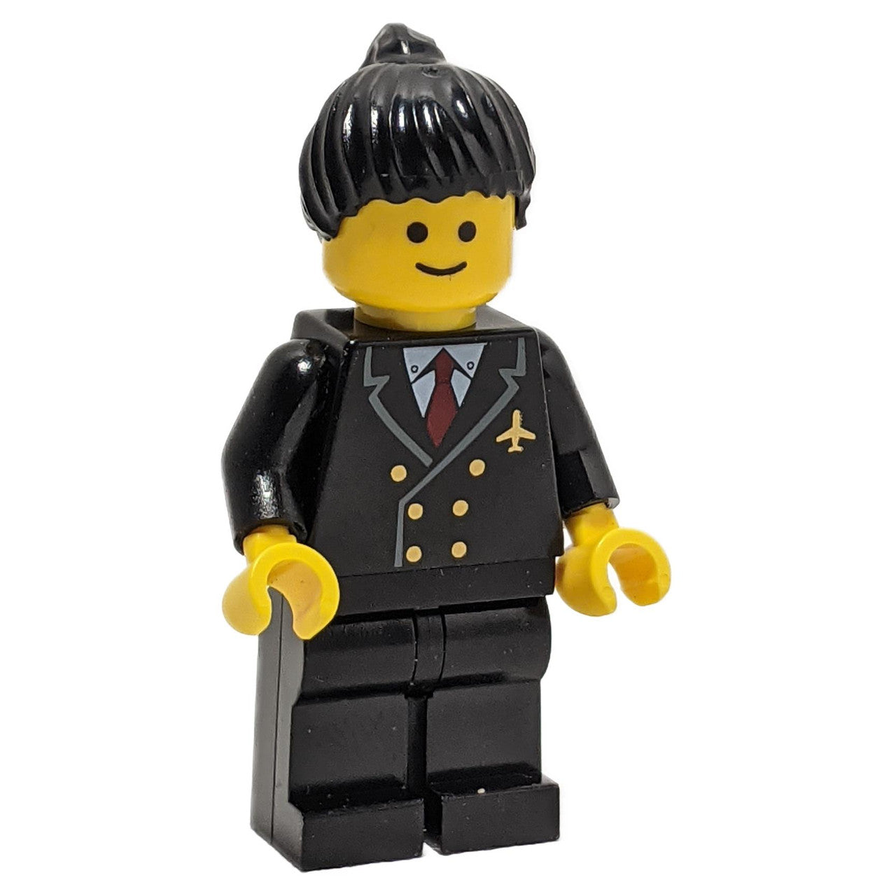 LEGO pilot minifigure air030 black uniform red tie ponytail hair
