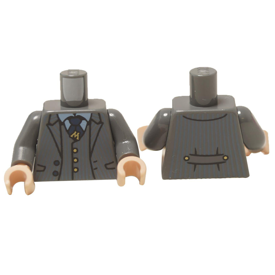 LEGO® Torso (973pb4898c01) with a dark bluish gray pinstripe suit and a gold letter 'M' tie tack, showing front and back details.