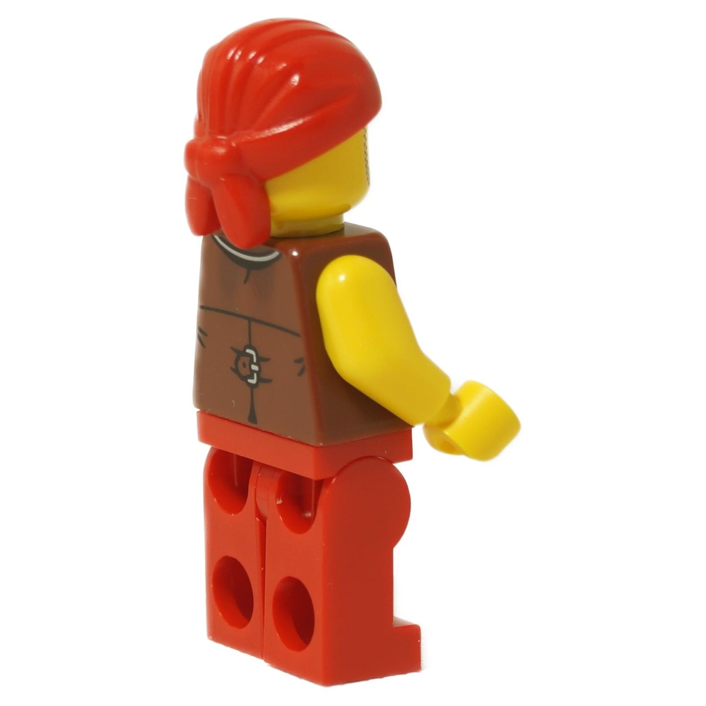 The LEGO pirate minifigure Bo'sun Will (idea237) wearing a red bandana, a brown vest over a red and white striped shirt, and red legs. Sideview