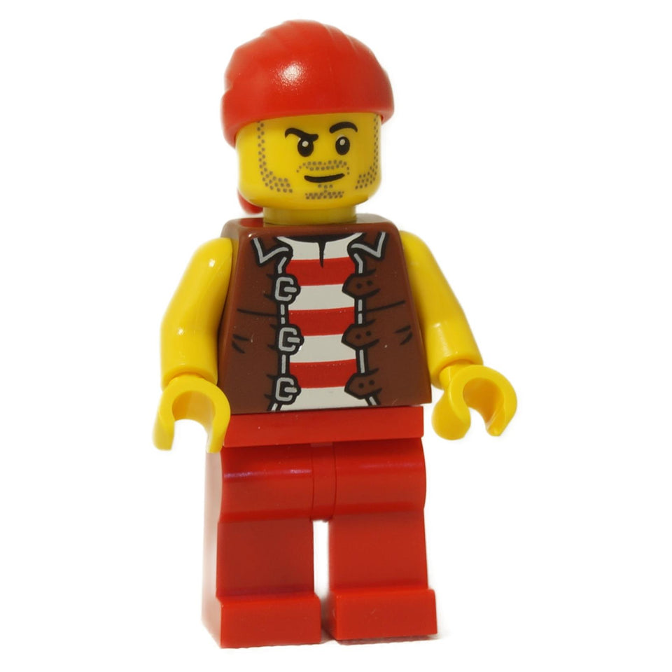 The LEGO pirate minifigure Bo'sun Will (idea237) wearing a red bandana, a brown vest over a red and white striped shirt, and red legs.