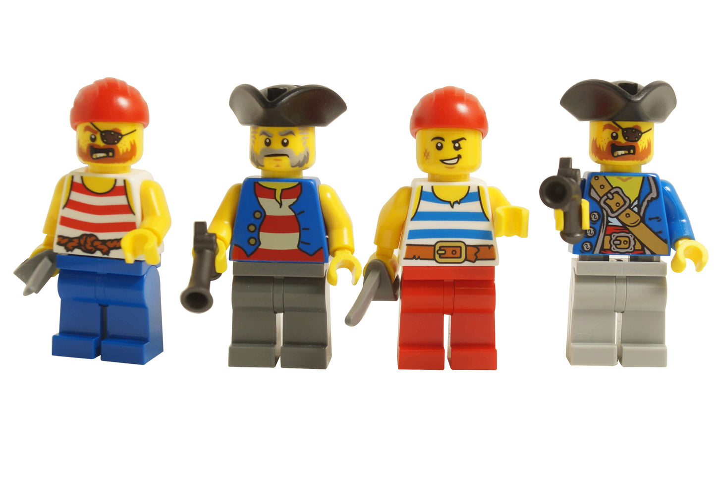 Four LEGO® Pirates theme minifigures with tricorn hats, red bandanas, striped torsos, eye patches, pistols and cutlass
