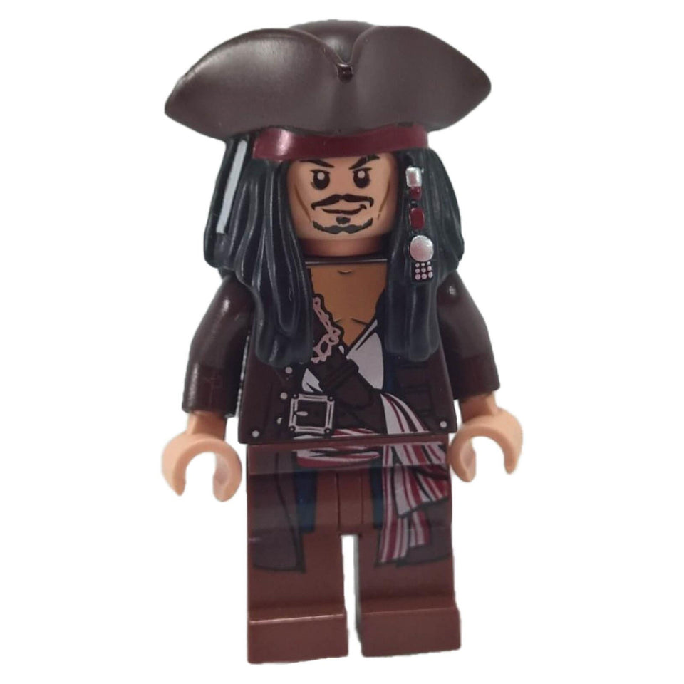LEGO® Captain Jack Sparrow minifigure from Pirates of the Caribbean, featuring brown tricorne hat, printed red sash, long black hair, and detailed pirate outfit.