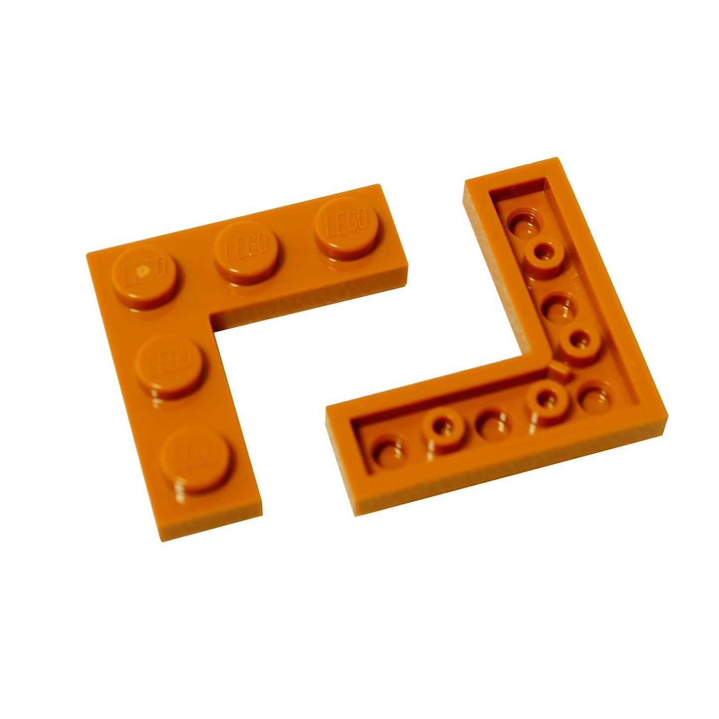 Two orange LEGO Plate 3x3 Corner pieces (77844) displayed, one showing the studs and one showing the hollow side.
