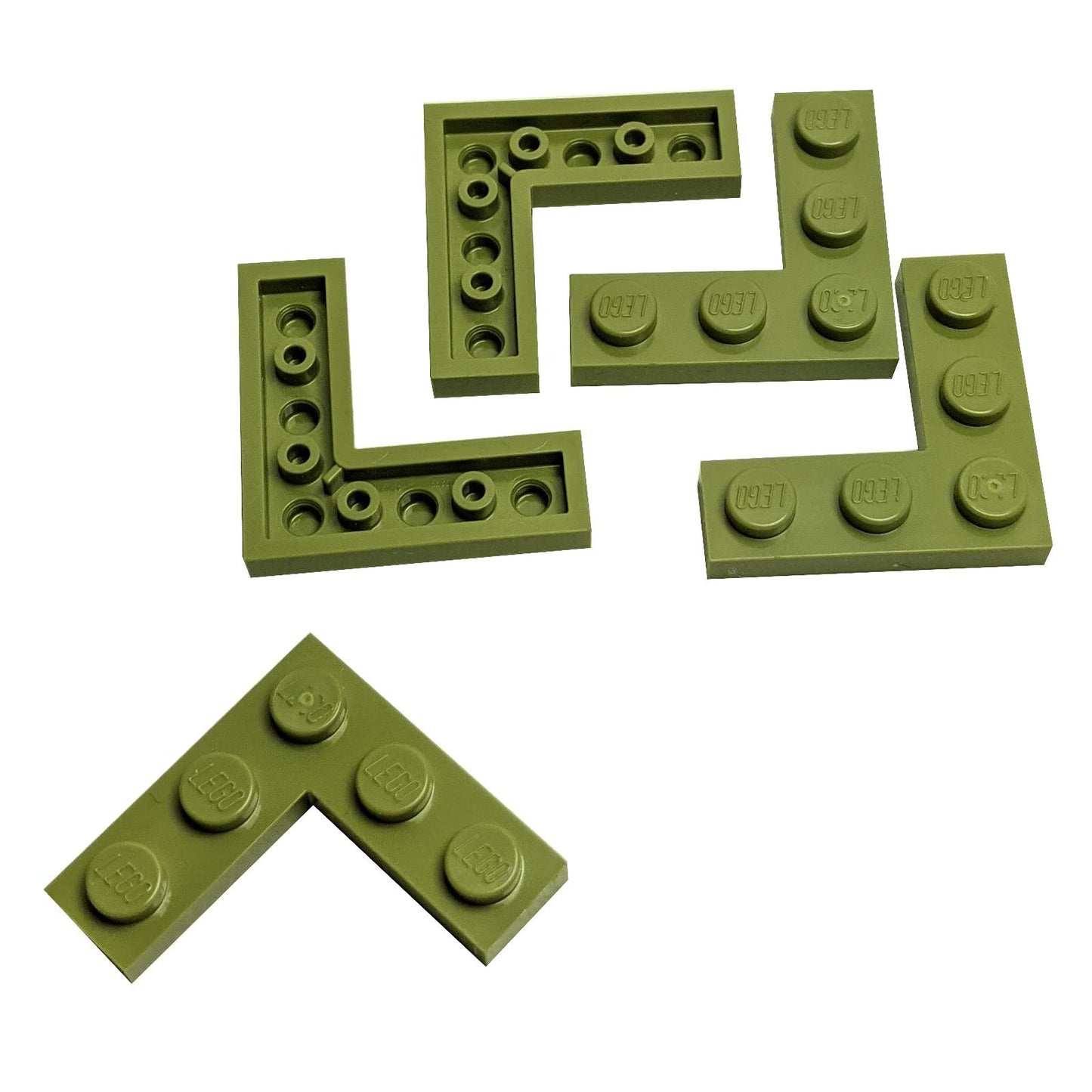 Group of five olive green LEGO Plate 3x3 Corner pieces (77844) showing both studded and anti-stud/hollow sides.